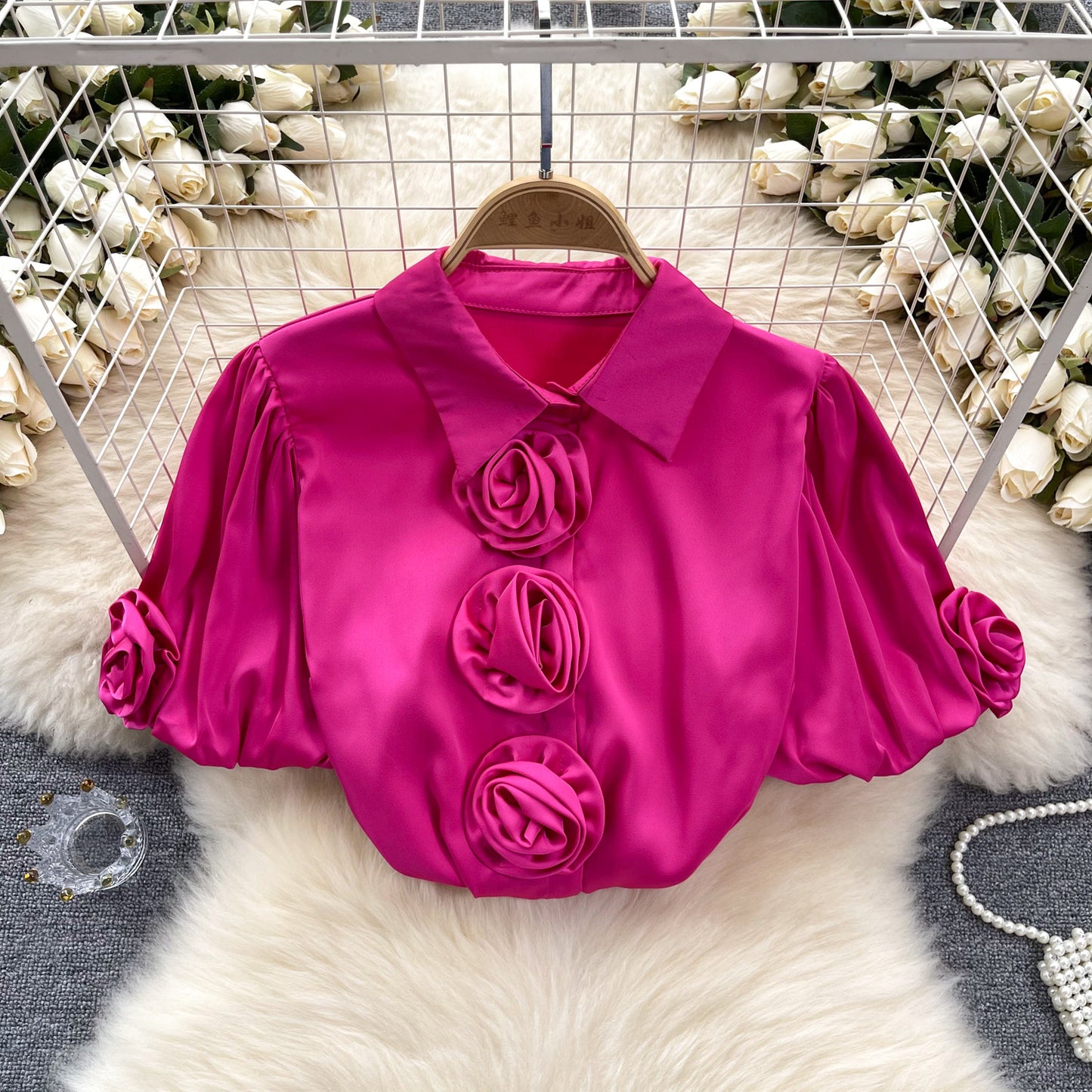 Three-dimensional Flower Puff Sleeve 1 French Satin Top