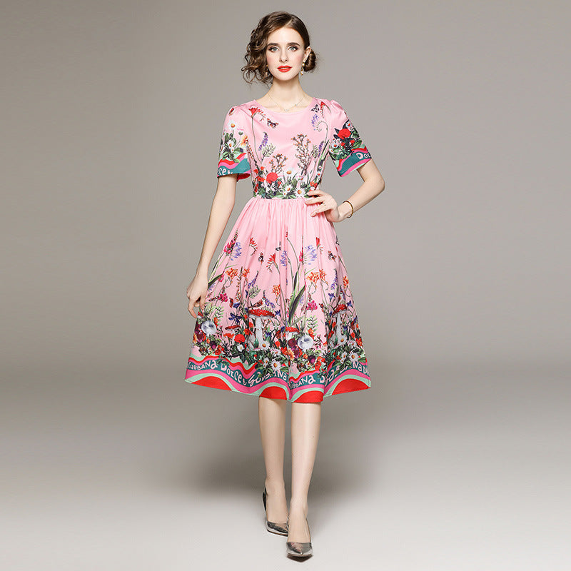 Age-reducing Floral Printed Short Sleeve Dress With Lining