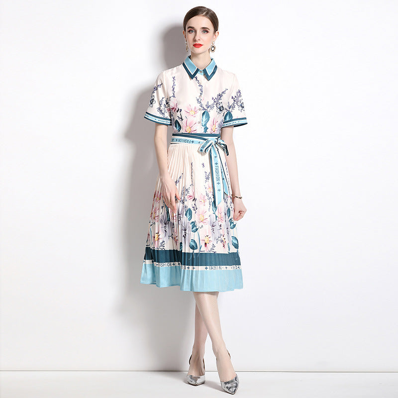 Fashion Elegant Short Sleeve Waist Pleated Printing Dress With Belt