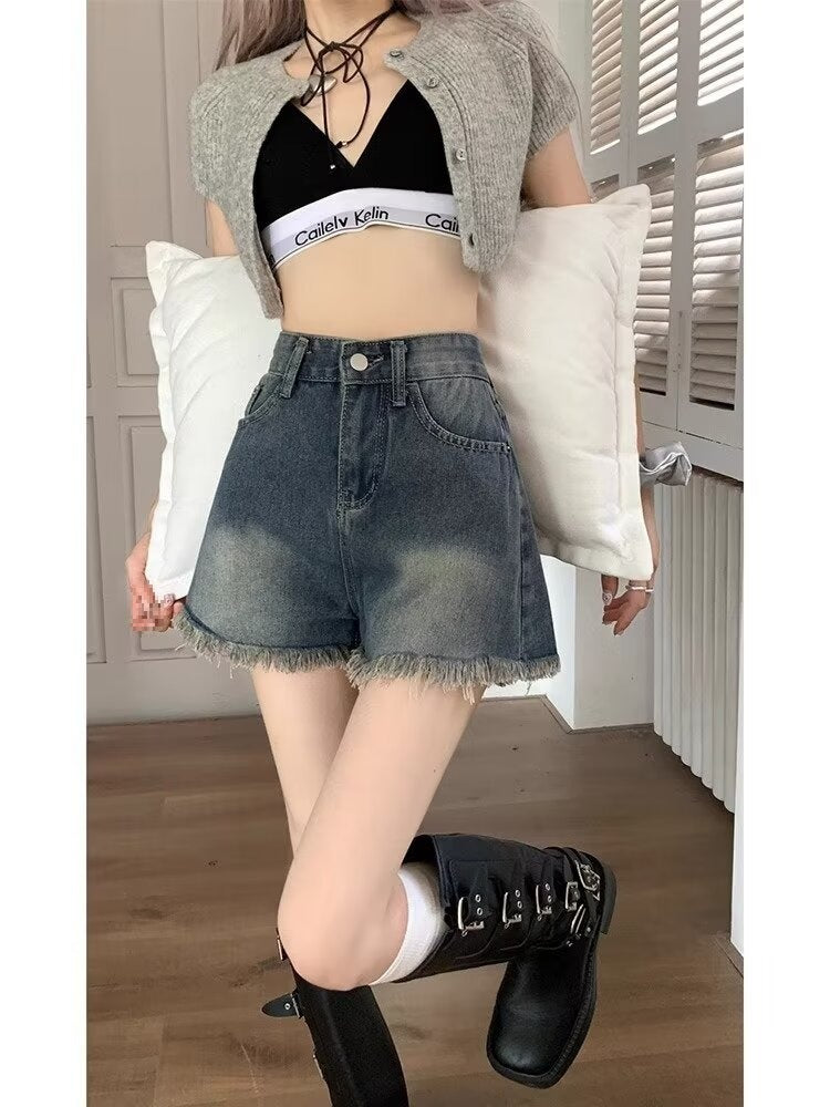 Short en Denim à franges de Style américain, amincissant et à jambes larges, taille haute, ample