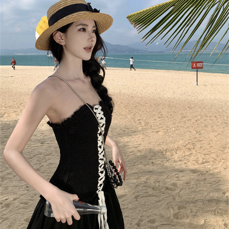 Travel Photos Black Chest Strap Smocking Strapless Dress