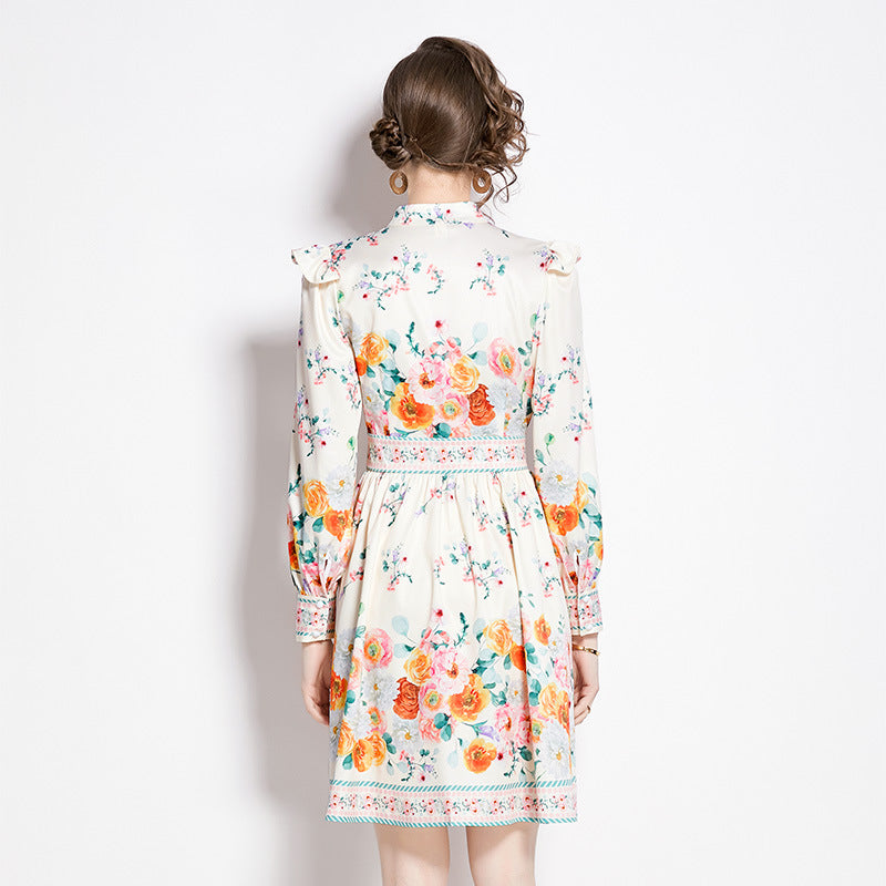 Robe courte Vintage Style Court, col en v, simple boutonnage, manches lanternes, printemps et automne 2024