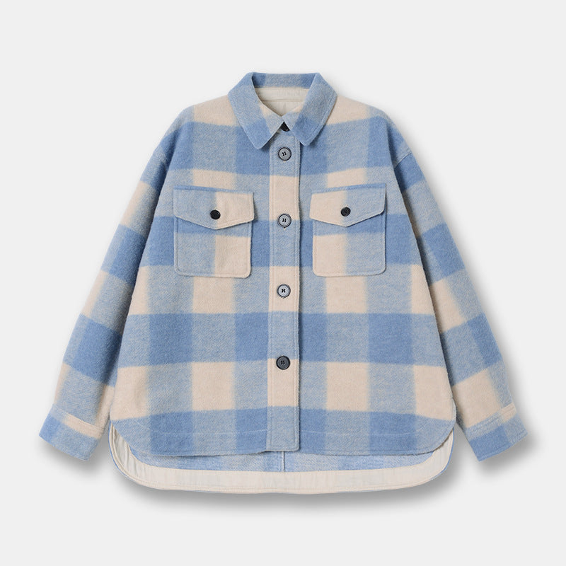 Manteau court à carreaux en laine à col chemise pour femme, haut ample en laine pour hommes et femmes