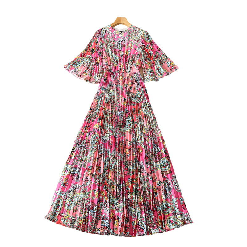 Cashew Floral Oversized Bell Sleeve Pleated Dress