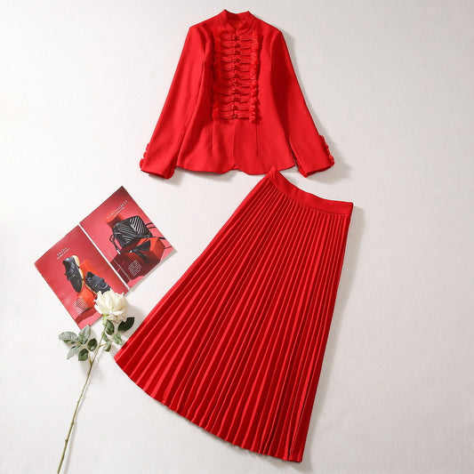 Chinese Button Knots Stand Collar Coat Pleated Skirt Fashion Suit