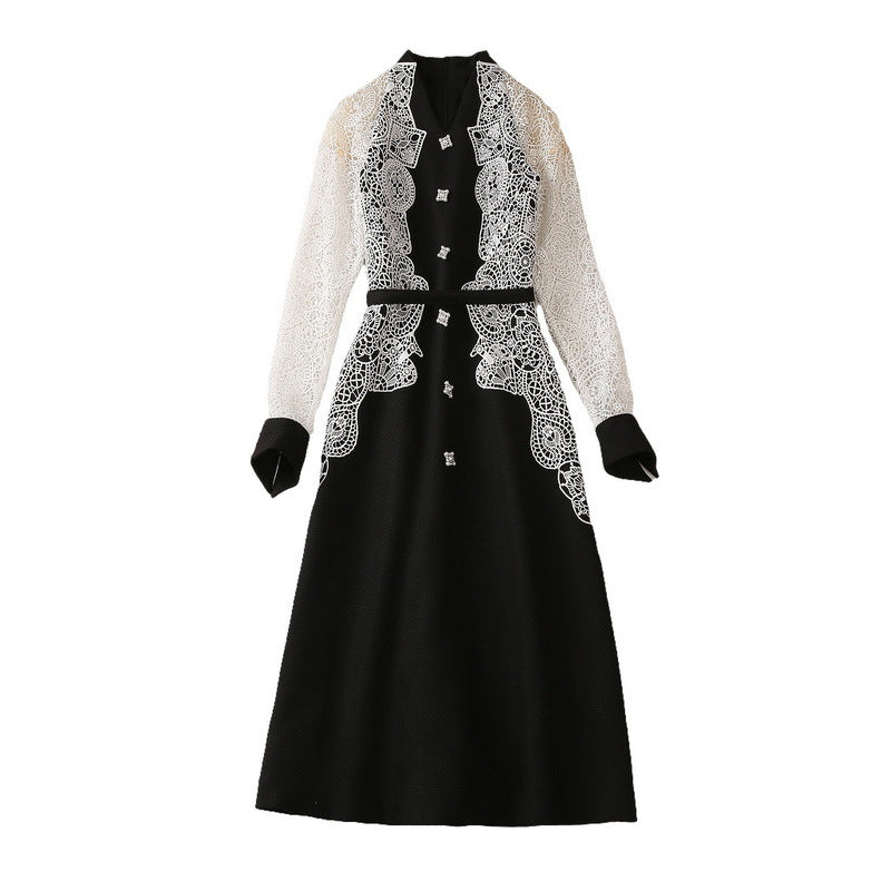 V-neck Pearl Rhinestone Buckle Jacquard Water Soluble Long Sleeve Dress