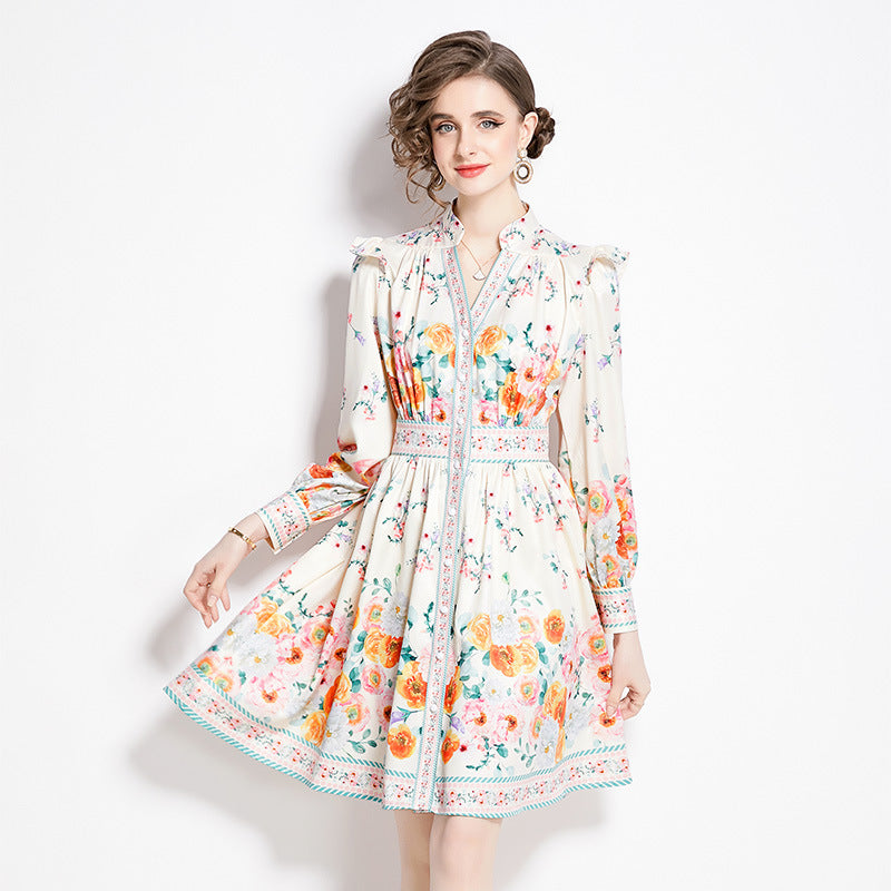 Robe courte Vintage Style Court, col en v, simple boutonnage, manches lanternes, printemps et automne 2024