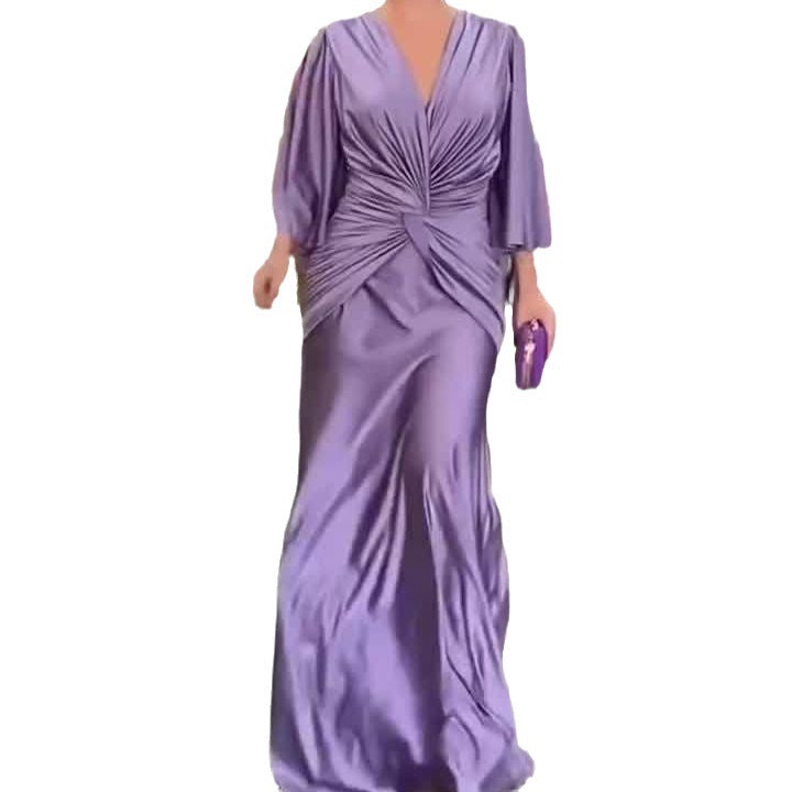 Robe ample plissée à col en v, mode européenne et américaine, couleur unie