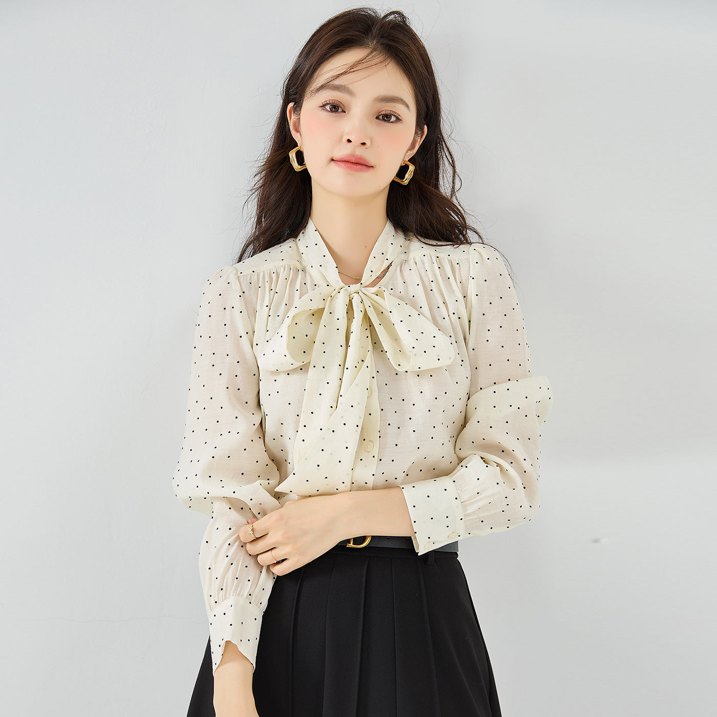 All-match Polka Dot Shirt Bow Streamer Long Sleeve