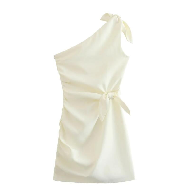 Women's Fashion Casual Diagonal Collar One Shoulder Bow Tie Pleated Asymmetric Slim Fit Dress