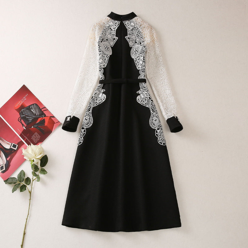 V-neck Pearl Rhinestone Buckle Jacquard Water Soluble Long Sleeve Dress