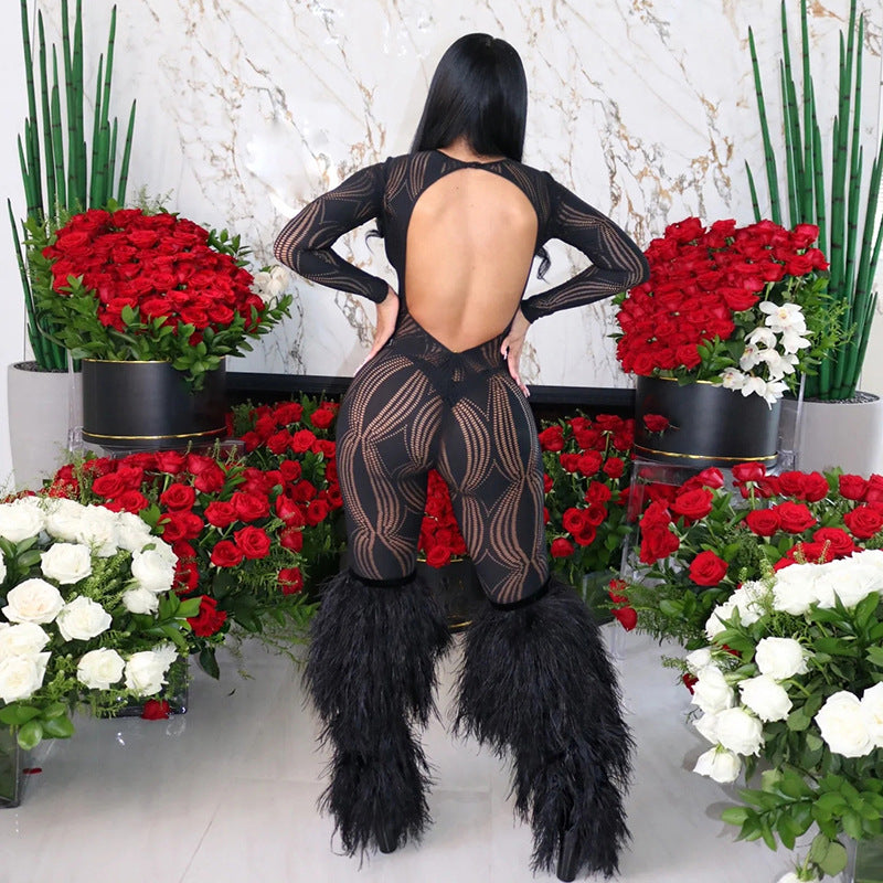 Women's Fashion Hollowed-out Ripped See-through High Waist Jumpsuit