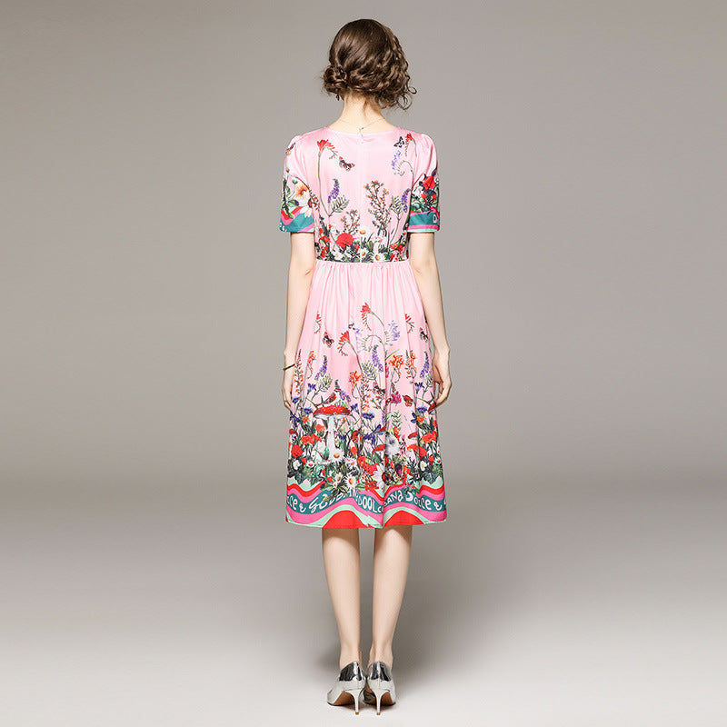 Age-reducing Floral Printed Short Sleeve Dress With Lining