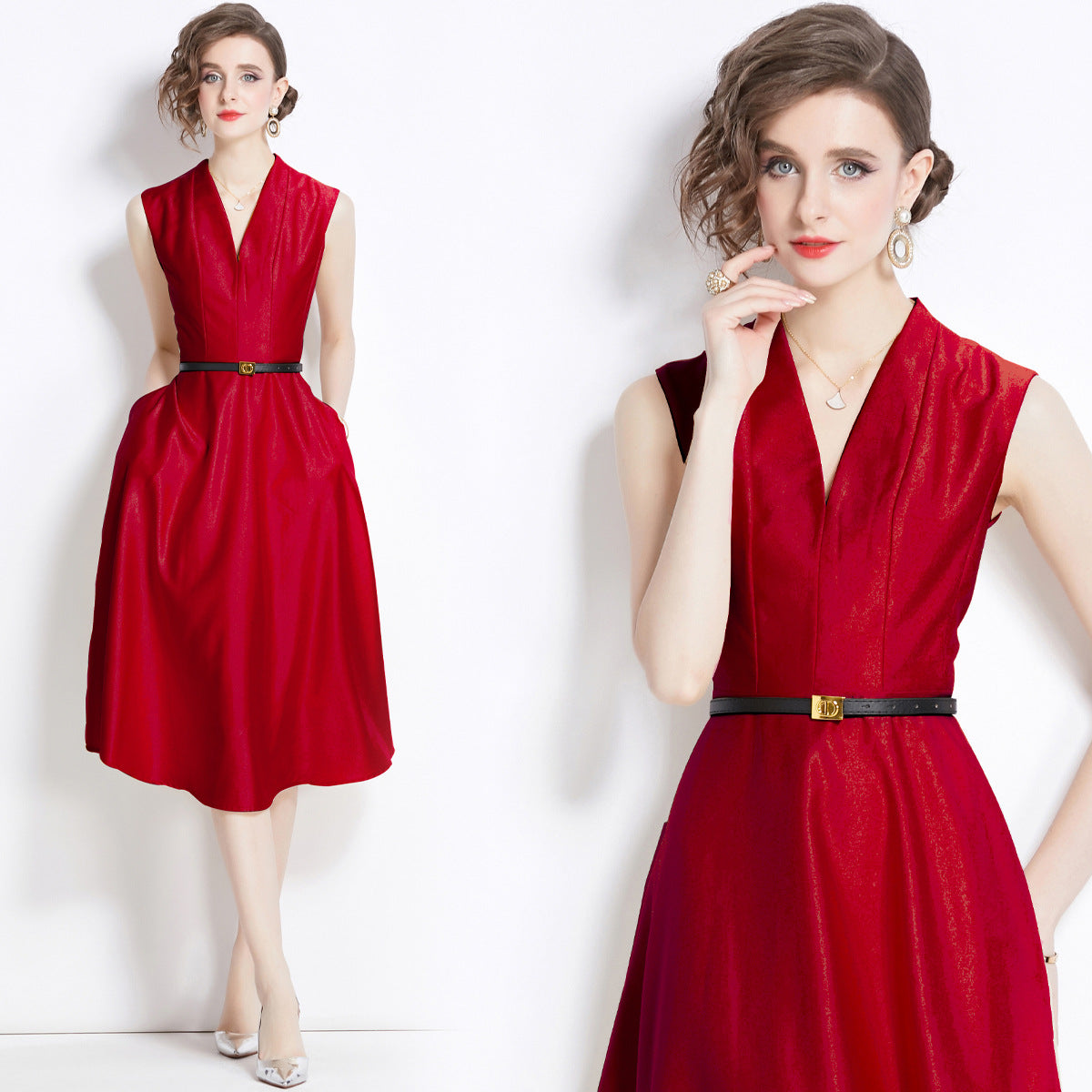 Young Adult Lady Like Woman Style Red Sleeveless Dress