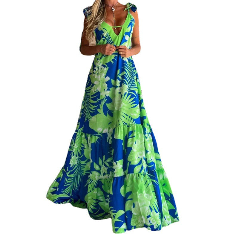 Women's Fashionable Printed V-neck Strap Long Skirt