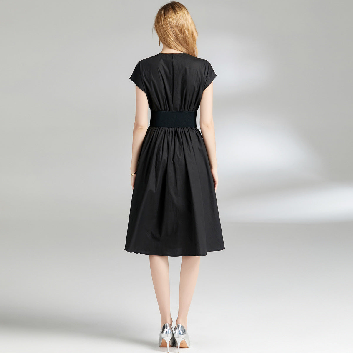 V-neck Cinched Waist Slim-fit Black Dress