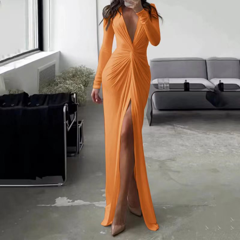 Fashion Sexy Slit V-neck Long Sleeve Solid Slim Pleated Skirt Gown