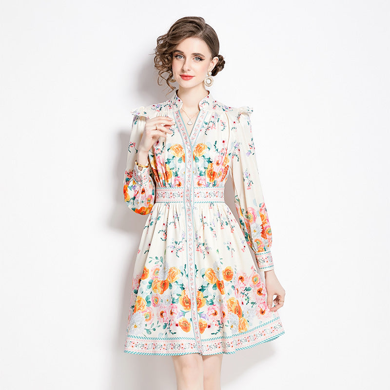 Robe courte Vintage Style Court, col en v, simple boutonnage, manches lanternes, printemps et automne 2024