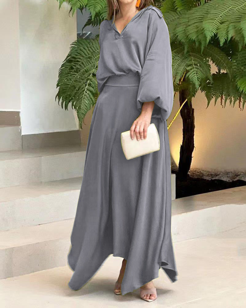 European And American Foreign Trade Women's Clothing New Loose Plus Size Solid Color Long-sleeved Top High Waist Long Skirt Suit