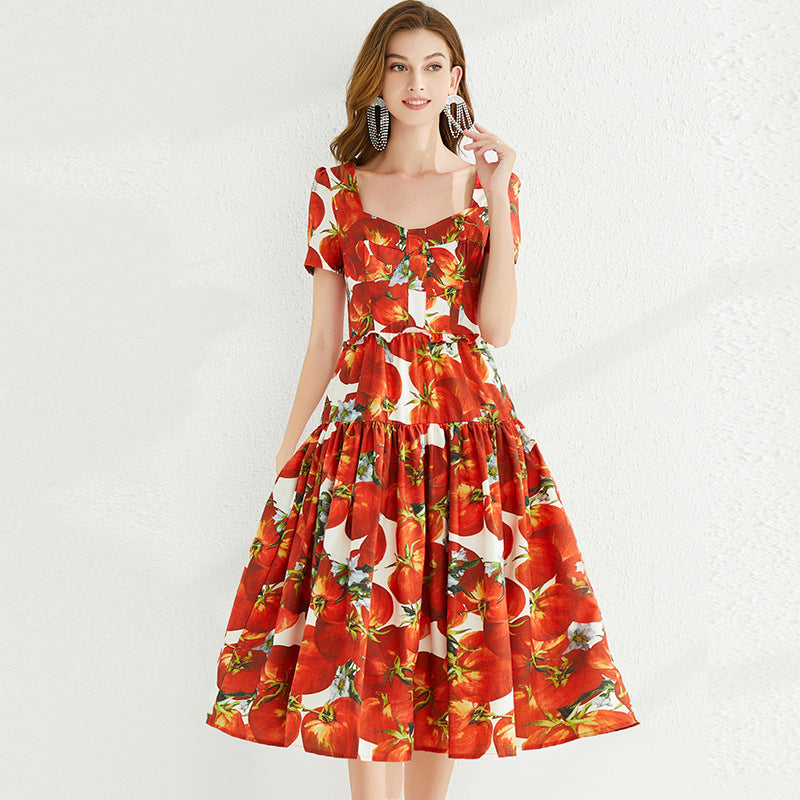 Tomato Red Blossom Color Court Retro Big Swing Square Collar Backless Dress