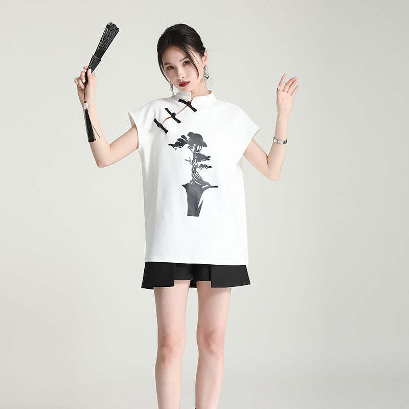 Women's Chinese-style Improved Cheongsam Frog Button Printed Short-sleeved T-shirt Summer