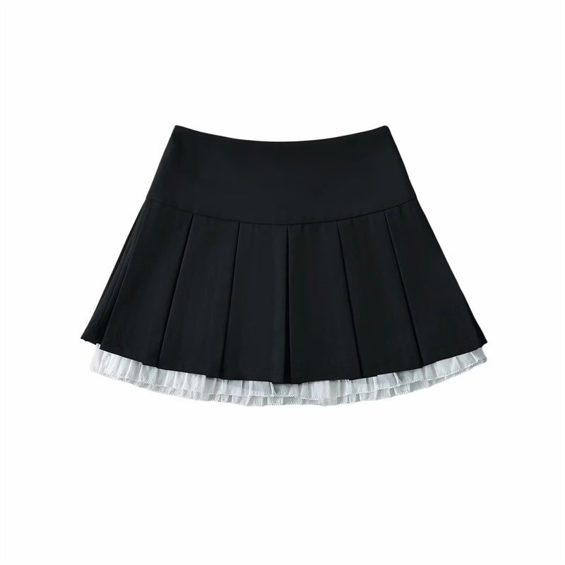 Sweet Cool Hot Girl  Lace Stitching High Waist Pleated Skirt