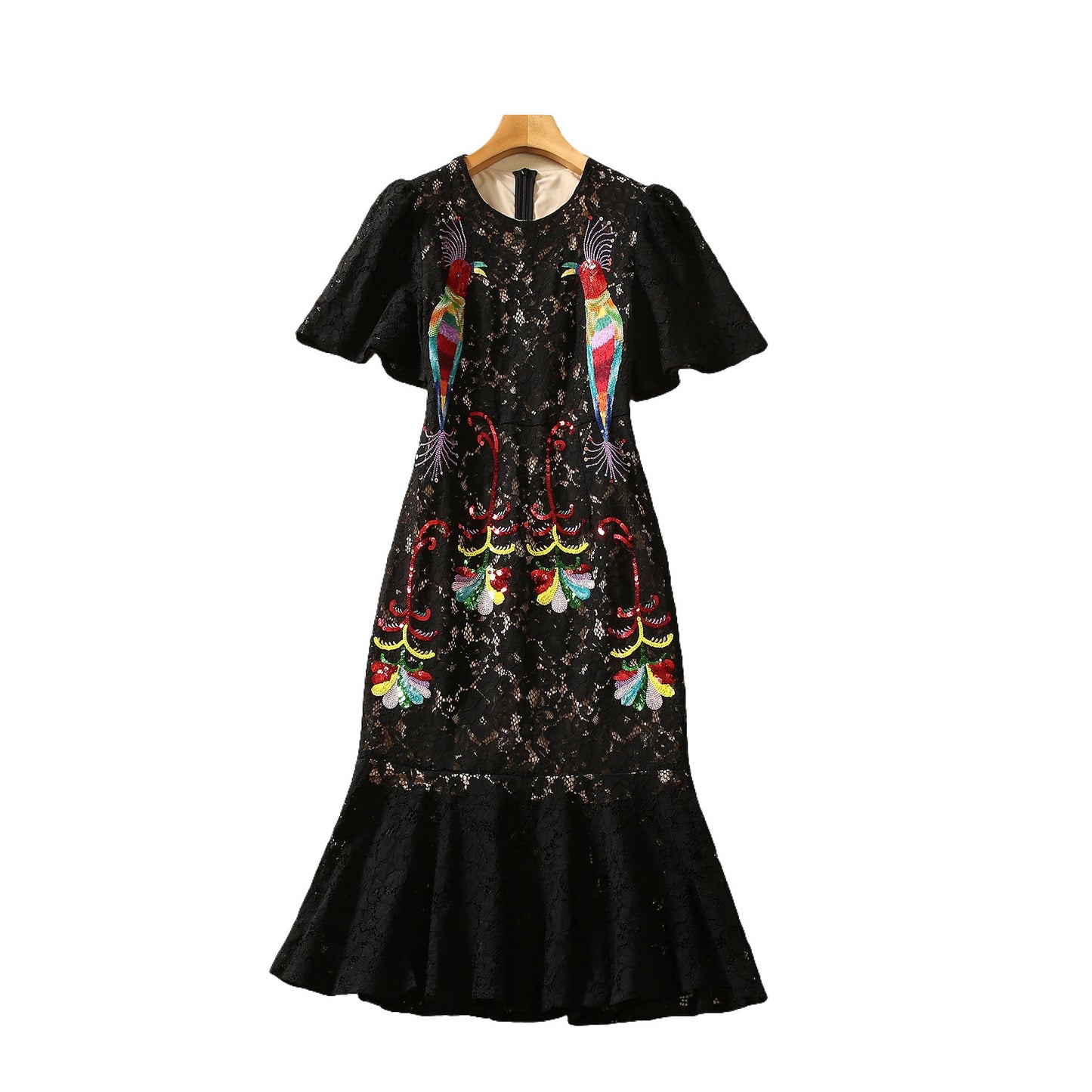 Colored Beads Embroidered Parrot Short Sleeve Lace Dress