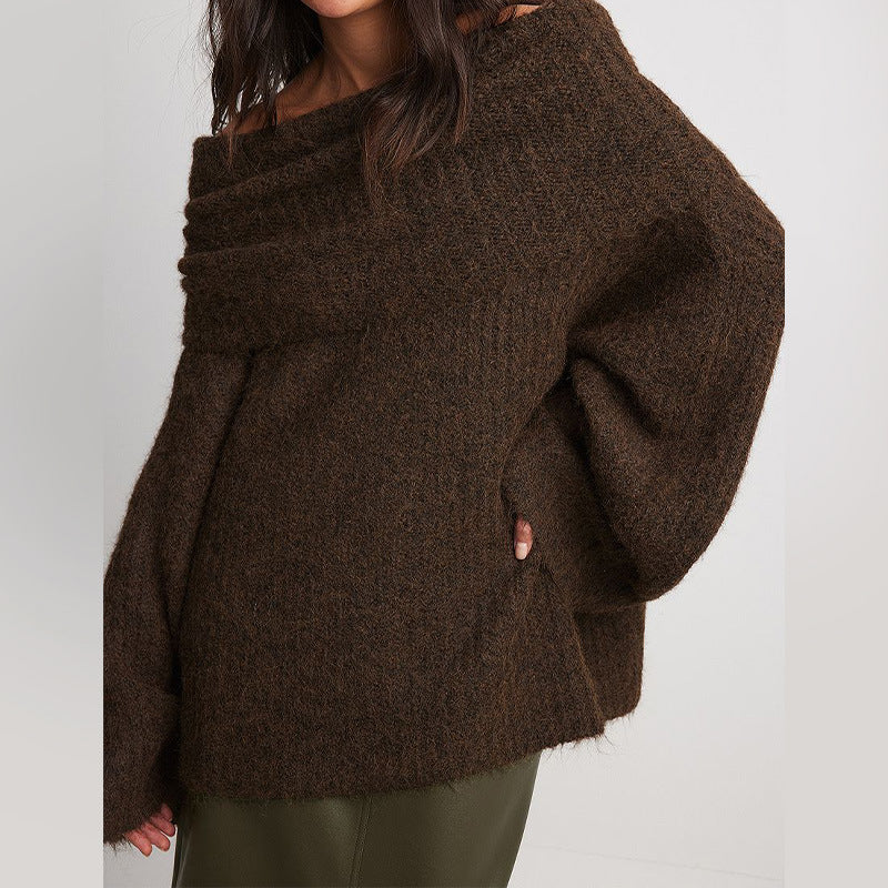 Fashionable Off-shoulder Maillard Sweater