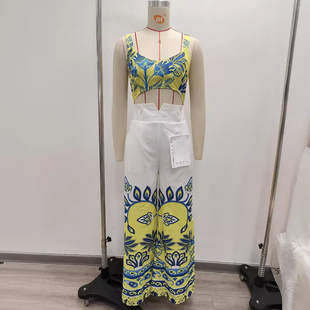 Yellow Printings Sling High Waist Women's Long Jumpsuit