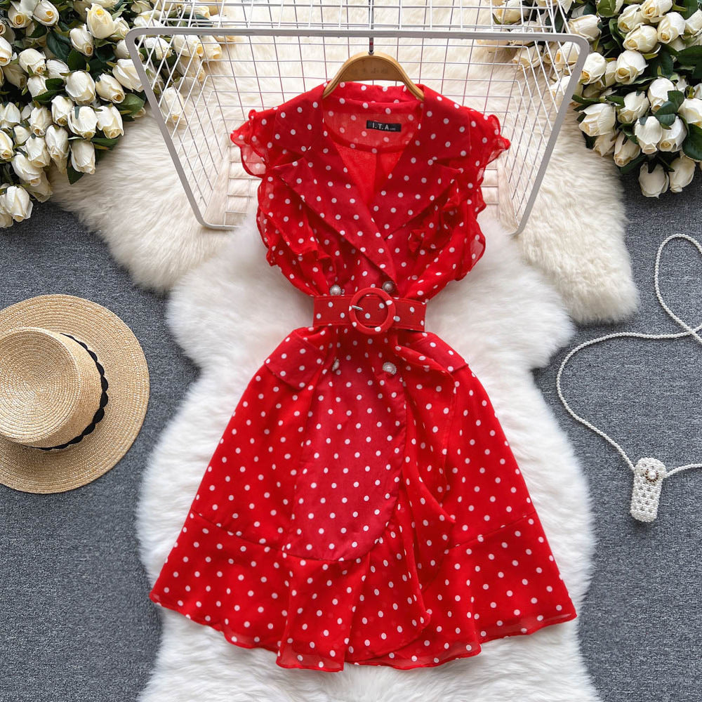 Cold Style Suit Collar Polka Dot Dress