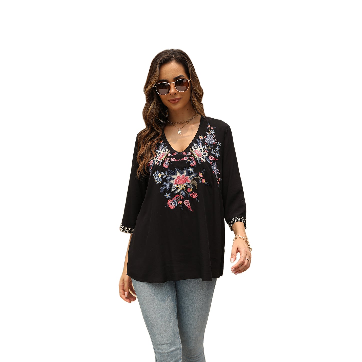 Women's V-neck Embroidered Top