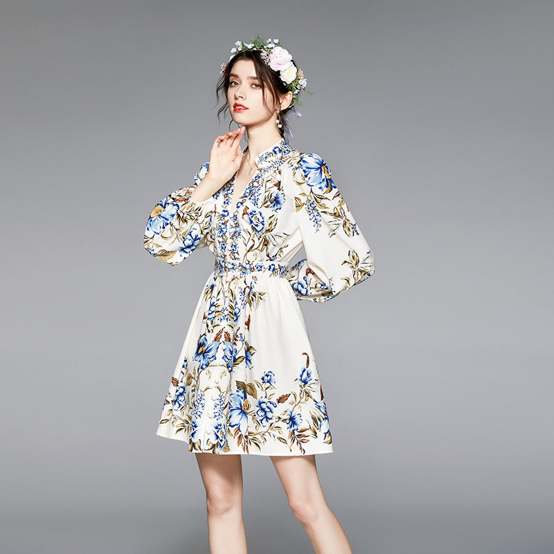 Blue Embellished Printed Comfortable Breathable Long Sleeves Slim A- Line Dress