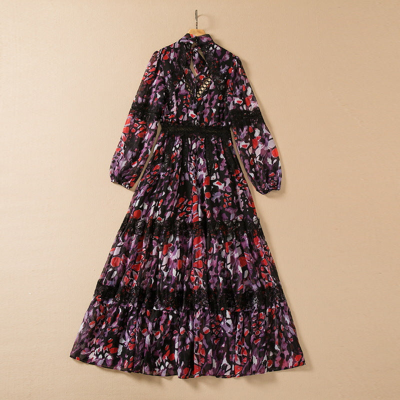 Circle V-neck Chiffon Printing Wide Hem Long Sleeve Dress