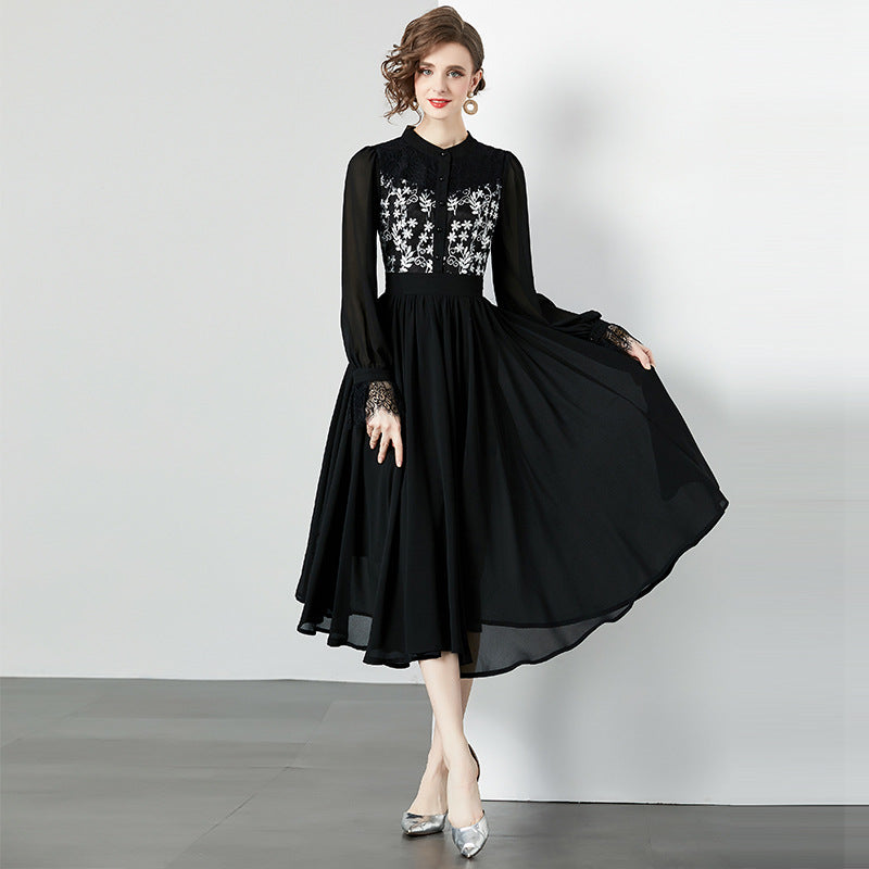 Autumn And Winter French Black Lace Dress