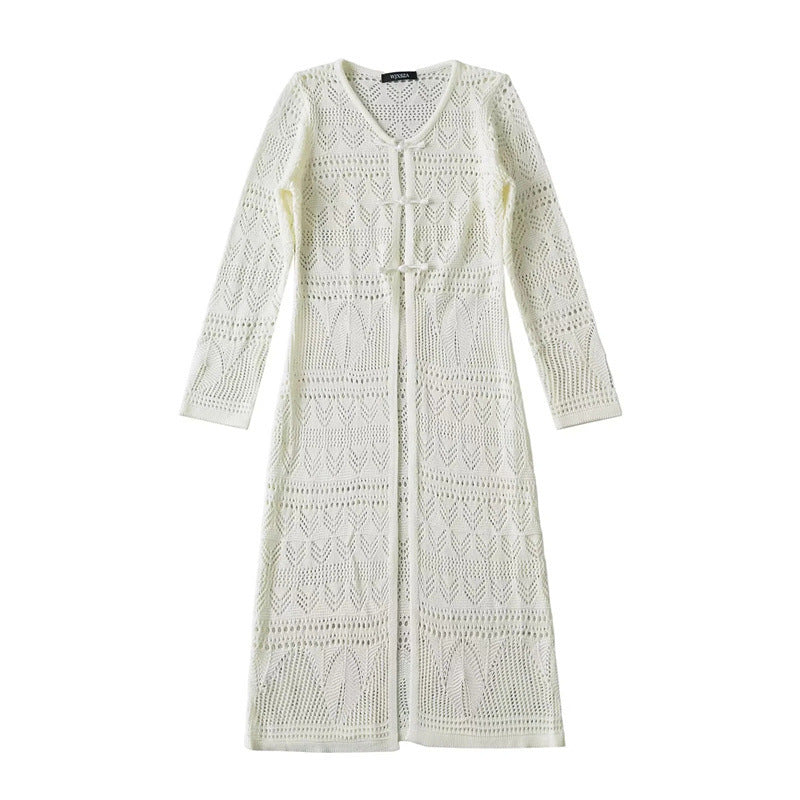 A Gust Of Neo-Chinese Wind Buckle Hollow-out Long-sleeved Knitted Cardigan Design Sense Long Below The Knee Slim Fit