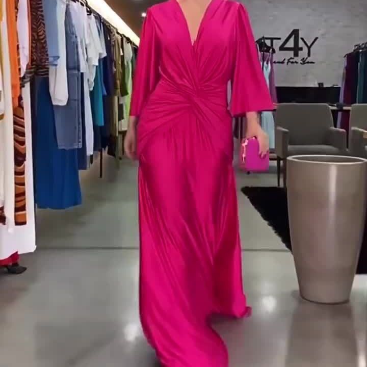 Robe ample plissée à col en v, mode européenne et américaine, couleur unie