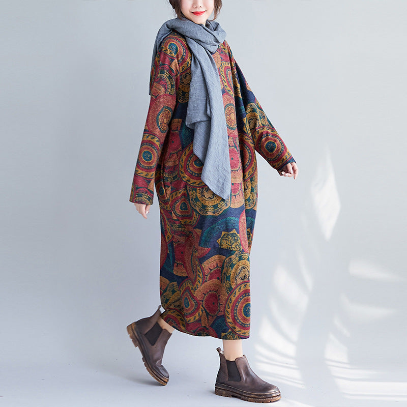 Artistic Retro Printing Loose Oversized Long Sleeves Dress