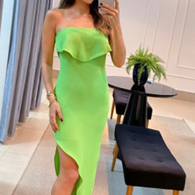 Fashion Pure Color Ruffles Tube Top Side Slit Slim Fit Dress