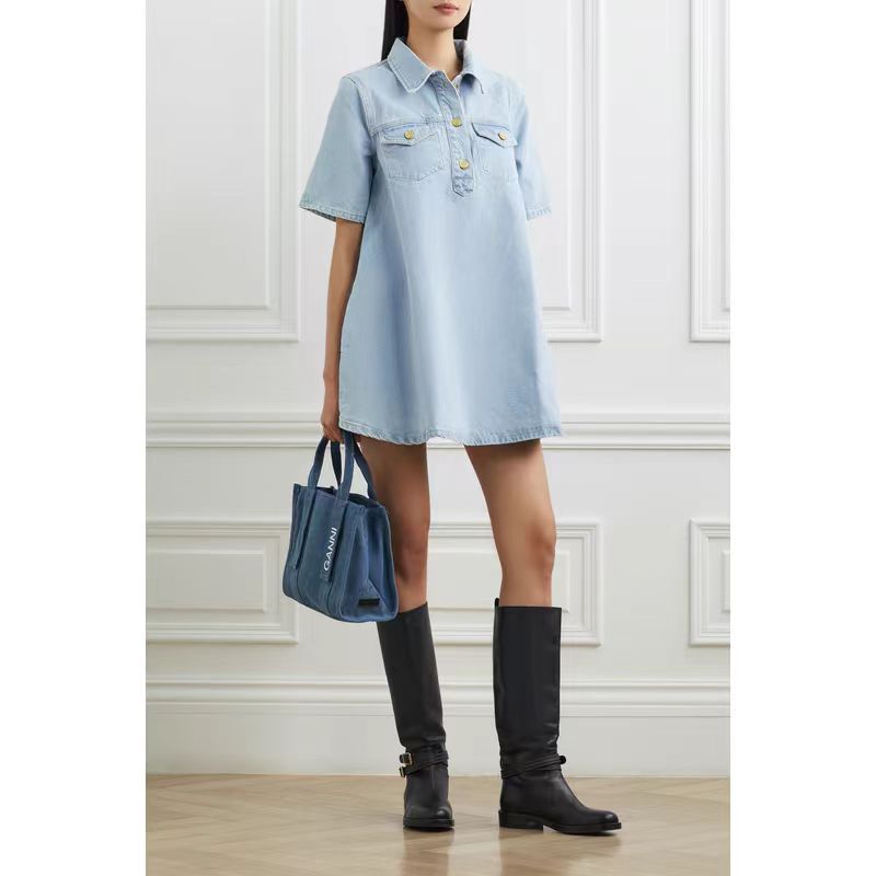 Blue Washed Short Sleeve Women's Denim Dress