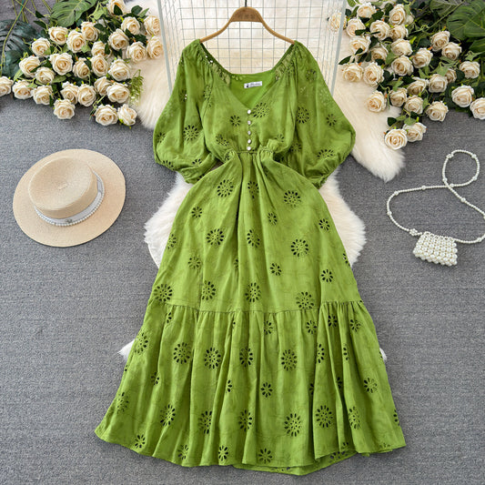 Temperament Short Sleeve V-neck Waist-controlled Slimming A- Line Hollow Embroidery Dress