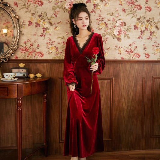 Warm Lace V-neck Pajamas Long Dress Home Wear