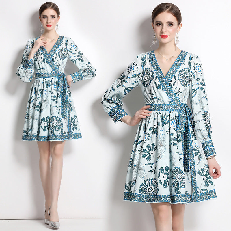 V-neck Long Sleeve Printed Waist Belt Short Fashion Dress