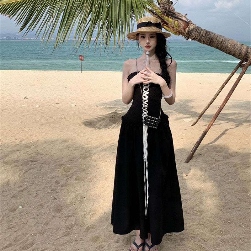 Travel Photos Black Chest Strap Smocking Strapless Dress