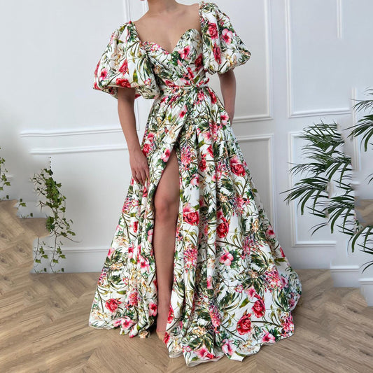 Robe taille haute imprimée en mousseline de soie à col en V pour femmes