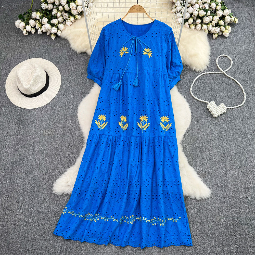 Sweet Puff Short Sleeve Round Neck Hollow Embroidery Dress