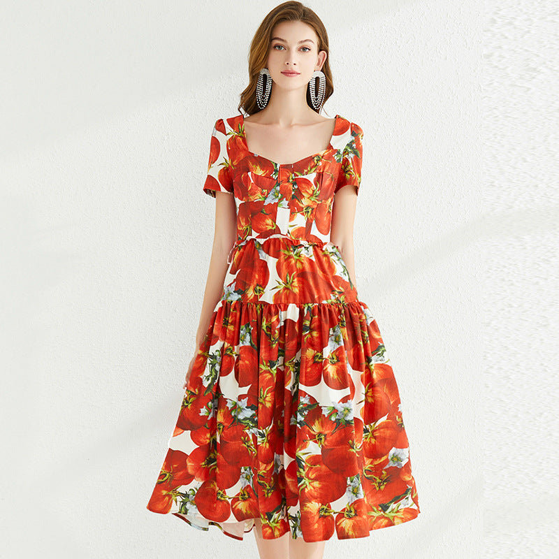 Tomato Red Blossom Color Court Retro Big Swing Square Collar Backless Dress