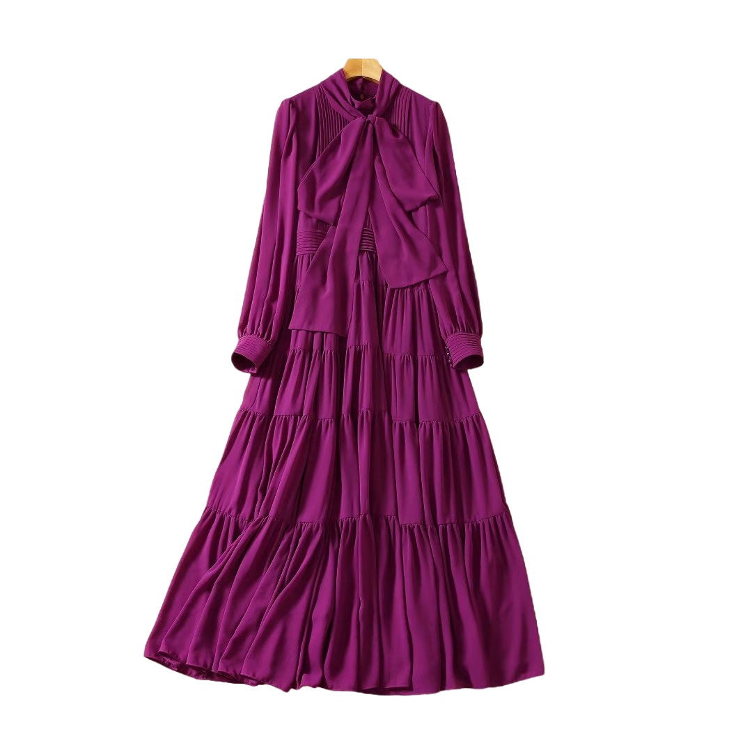 Tie-neck Heavy Industry Spokes Long Sleeve Chiffon Dress