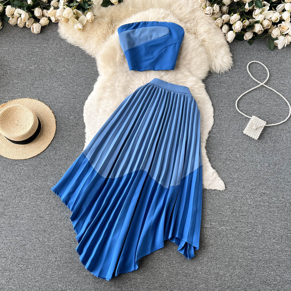 Contrast Color Tube Top Irregular Pleated Skirt