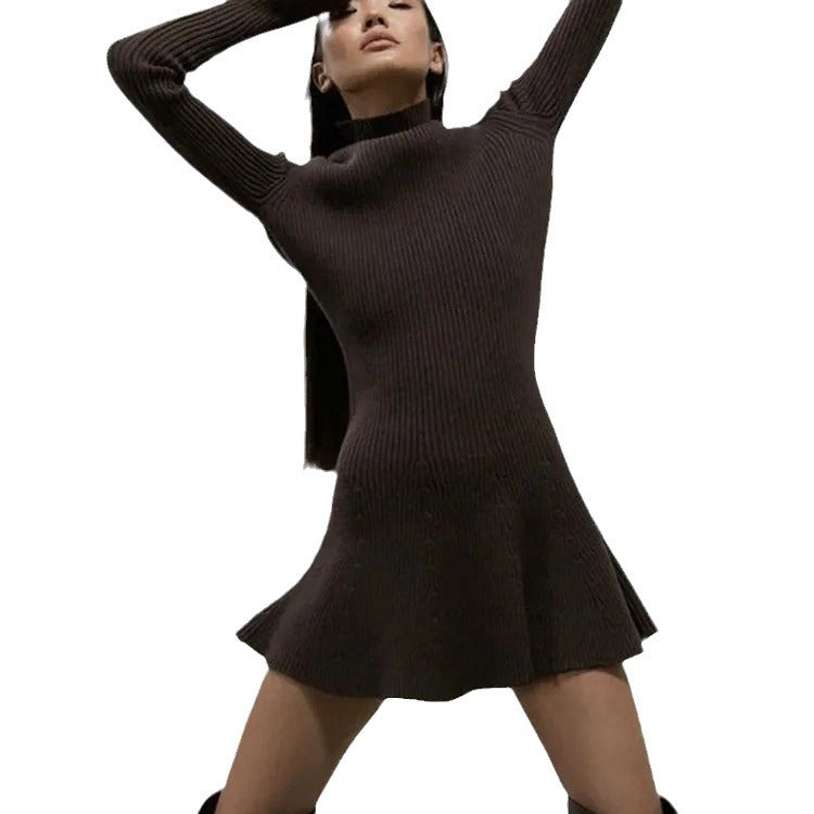 Autumn And Winter Long Sleeves Solid Color Top Turtleneck Sweater High Waist Tight Short Knitted A- Line Dress