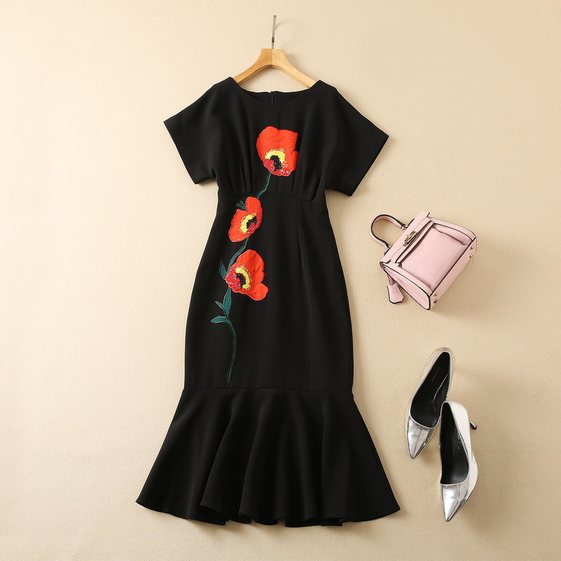 Embroidered Patch Woven Sequins Slim Fishtail Dress